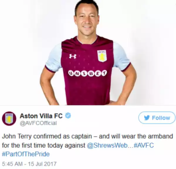 John Terry Named Aston Villa Captain For 2017/18 Season